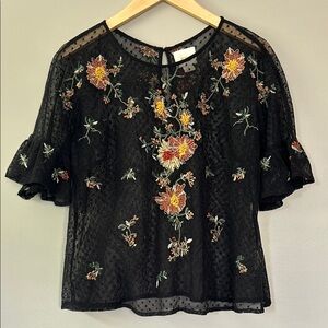 Anthropologie Maeve Floral‎ Embroidery Cadiz Top Black Size Small